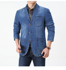 Detail of blue denim blazer showing notch lapels and three-button closure for men