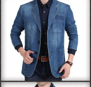 Detail of blue washed denim blazer for men featuring classic notched lapels and button closure