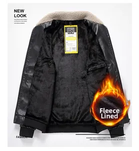 Close-up of men's black PU leather jacket with thick fleece lining and beige faux fur collar