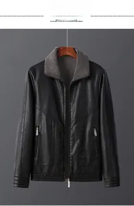 Detail of men's black PU leather jacket featuring a warm grey faux shearling collar lining