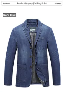Detailed close-up of dark blue denim blazer jacket with striped lining and three buttons