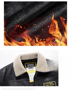 Detail of men's black PU leather jacket featuring faux shearling collar and woven brand label