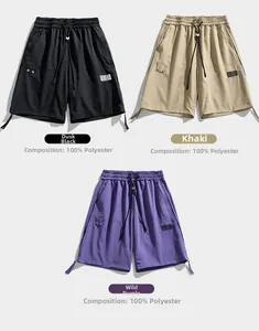 Detailed view of quick-dry cargo shorts in three colors with 100% polyester fabric