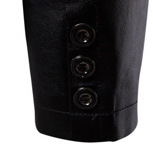 Close-up of black PU leather jacket sleeve featuring three glossy black buttons and neat stitching