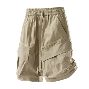 Men's khaki cargo shorts with elastic drawstring waist and multi-pocket design on white background