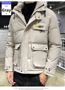 Detail view of the gray hooded winter jacket featuring military-style cargo pockets and flaps