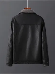 Back view of black leather jacket with grey faux shearling collar and quilted stitching