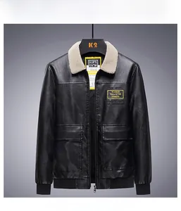 Detail of black PU leather jacket featuring faux fur collar and utility cargo pockets