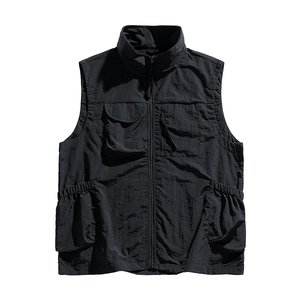 Black outdoor utility vest with standing collar and functional pockets for hiking