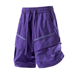 Men's deep purple cargo shorts with utility pockets and drawstring elastic waist