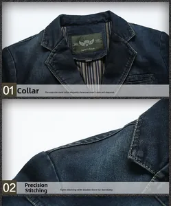 Detail of slim fit denim blazer showing notch lapel and blue striped inner lining