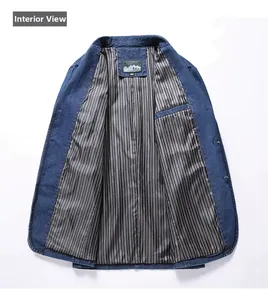Detail view of denim jacket interior featuring striped lining and hidden inner pocket