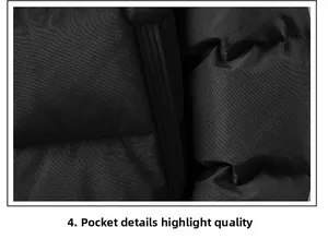 Dettaglio ravvicinato di un piumino nero trapuntato con tasca laterale e trama twill