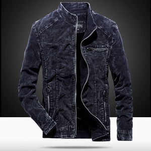 Men's slim fit stand collar denim jacket in dark grey washed fabric with zip pockets