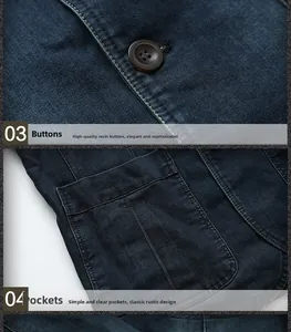 Detailed view of dark blue denim blazer with resin buttons and stitching on the pocket
