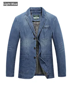 Detail of light blue denim blazer with three buttons and striped lining for men