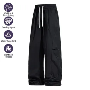 Quick-dry wide-leg cargo pants with drawstring and cooling technology for casual wear