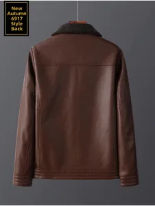 Rear view of a brown faux leather jacket featuring a dark grey fleece collar and stitching