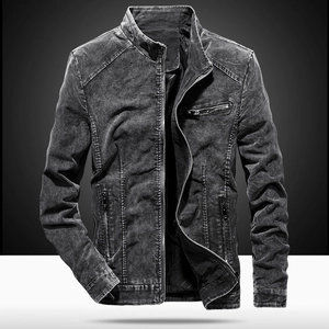 Slim fit men's washed charcoal grey denim jacket with retro stand collar and zip pockets