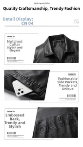 Detail of men's black PU jacket showing lapel collar, side pocket and back letter embossing