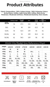 Size chart for men's fleece-lined plaid shirt featuring fabric details and measurements