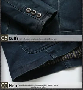 Close-up of denim blazer sleeve with brown buttons and striped lining detail