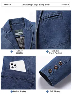 Detail view of denim blazer lapels, pockets, striped lining and buttoned cuffs