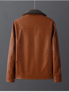 Rear view of caramel brown men's PU leather jacket with a grey faux fur collar