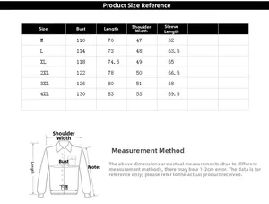 Detailed size chart for men hooded jacket showing chest length and shoulder measurements