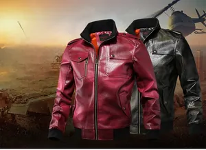 Detail view of military-style PU leather jacket with stand collar and epaulettes in two colors