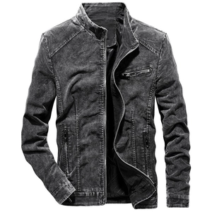 Slim fit men's washed denim jacket with stand collar and vintage gray finish