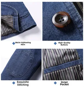 Detail view of navy denim jacket showing brown resin buttons and striped inner lining pocket
