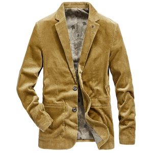 Detailed view of corduroy blazer featuring notched lapels and camouflage lining