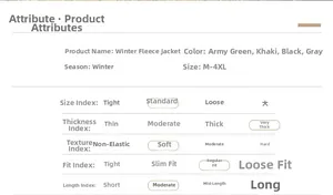 Size chart for men's winter hooded jacket with fleece lining in multiple colors