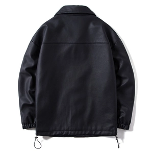 Men's black PU leather jacket with drop shoulder design and adjustable drawstring hem