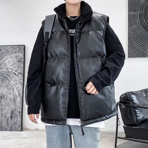 Men's Winter PU Leather Padded Vest Stand Collar Quilted Sleeveless Jacket Thick Warm Fleece Lined Waistcoat Casual Outerwear