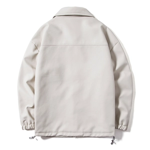 Men's minimalist drop-shoulder jacket in light grey with lapel collar and drawstring hem