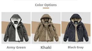 Detailed comparison of canvas hooded jackets in green, khaki, and black with warm fleece lining