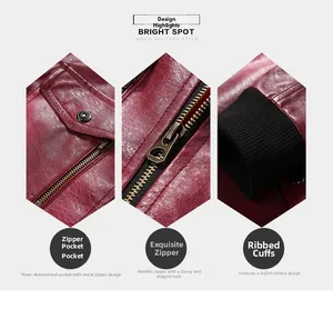 Detailed close-up of burgundy motor jacket with metal zippers and ribbed cuffs