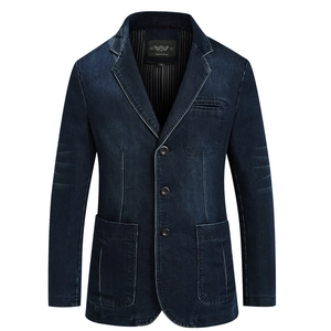 Men's slim fit dark blue denim blazer jacket with three-button closure and notch lapel