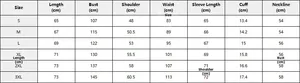 Detailed size chart for men's slim fit leather jacket from size S to 3XL in centimeters