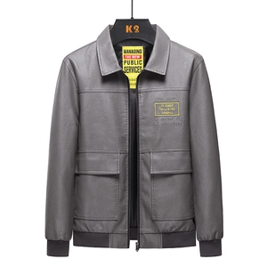 Men's dark grey PU leather slim fit biker jacket with utility pockets and ribbed cuffs