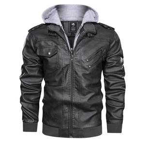 Detail view of black PU leather jacket featuring a detachable grey hoodie and cargo pockets