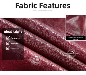 Macro shot of dark burgundy lychee-grain faux leather fabric with soft texture