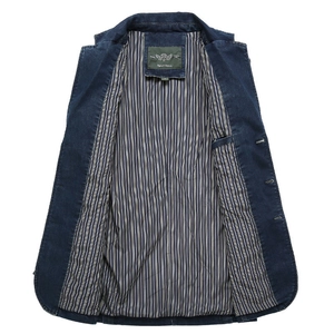 Men's dark blue denim casual blazer with a classic striped lining and vintage style