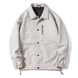 Men's drop shoulder faux leather jacket in off-white with button closure and lapel