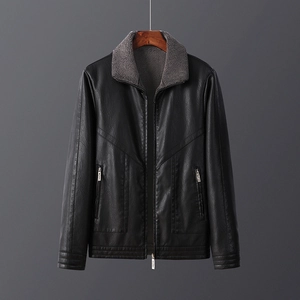 Men's black faux leather jacket with grey fur collar and warm thickened lining