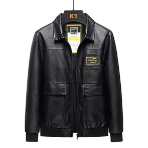 Men's slim fit black PU leather jacket with chest embroidery and ribbed cuffs