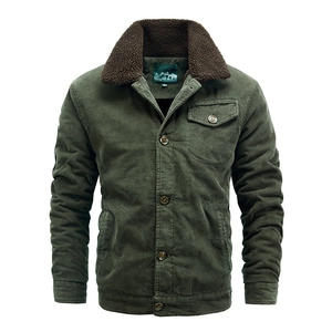 Men's dark green corduroy jacket with fleece collar and button pockets in a flat lay view