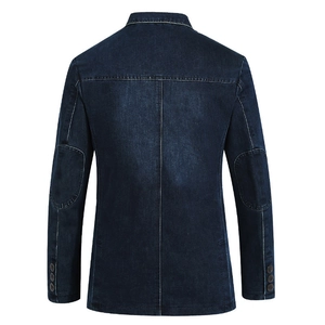 Rear view of a men's dark blue denim blazer with elbow patches and contrast stitching